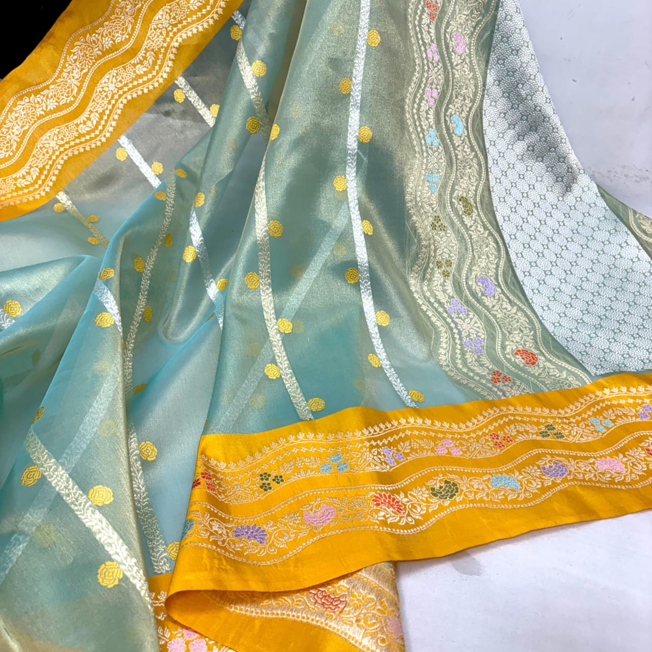 Pure Handloom Banarasi Kora Tissue Saree – Ivory Aqua Blue