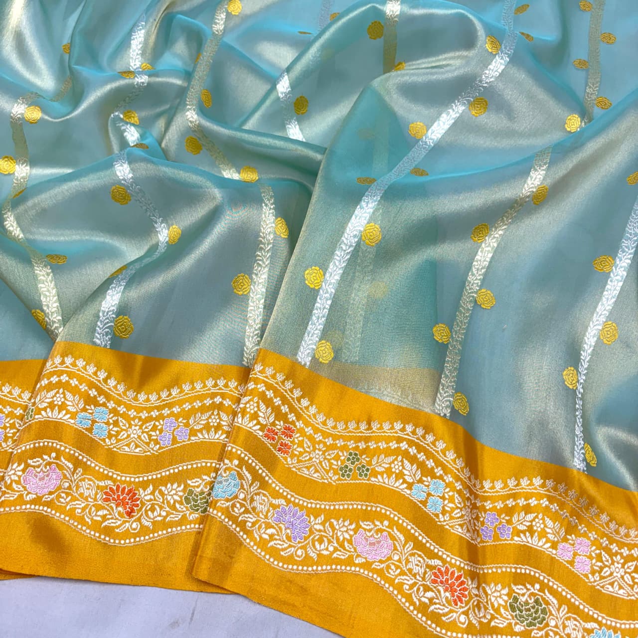 Pure Handloom Banarasi Kora Tissue Saree – Ivory Aqua Blue