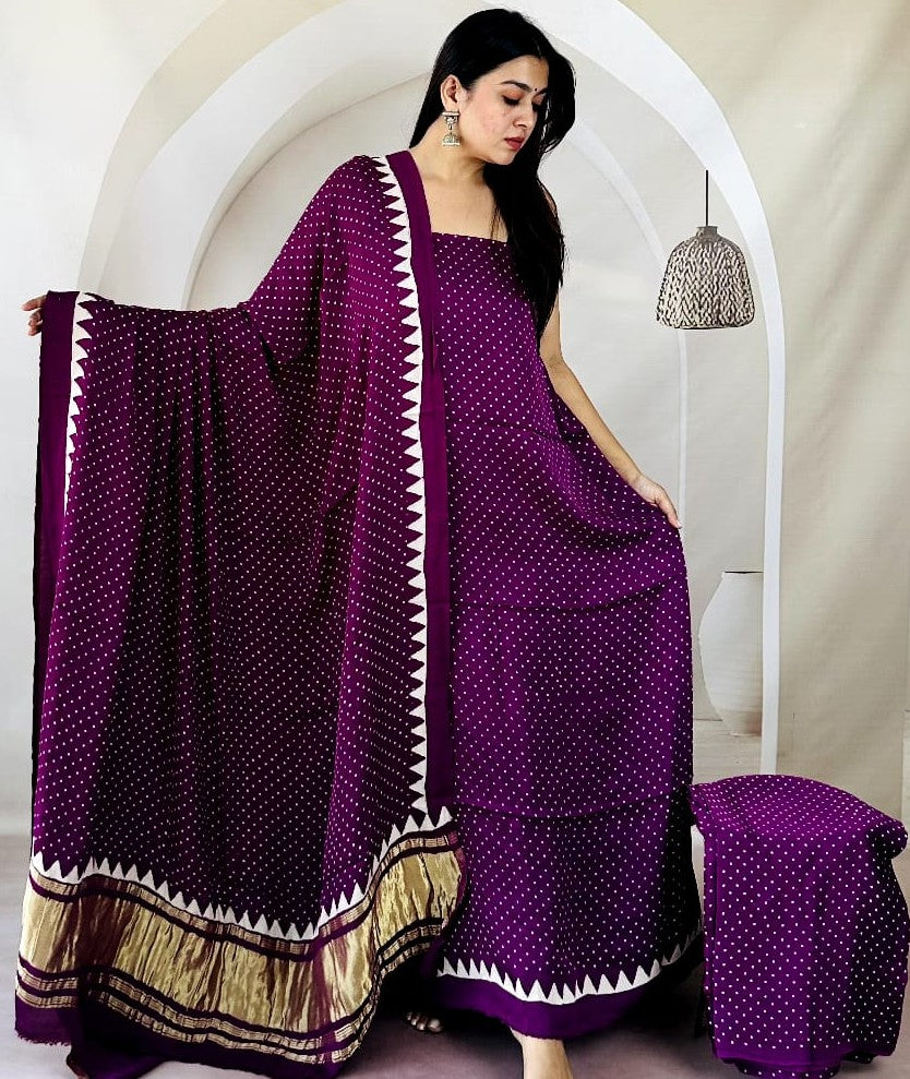 Pure Modal Silk Polka Dot Printed Salwar Suit Set with Tissue Pallu Dupatta