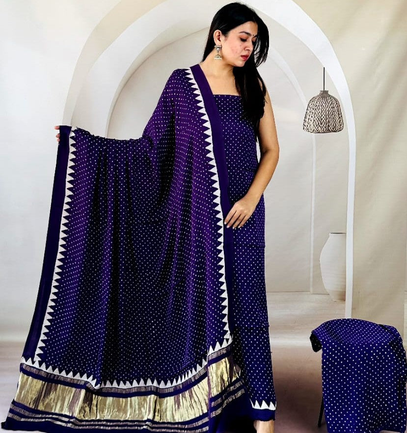 Pure Modal Silk Polka Dot Printed Salwar Suit Set with Tissue Pallu Dupatta