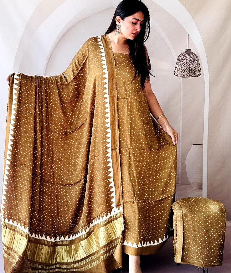 Pure Modal Silk Polka Dot Printed Salwar Suit Set with Tissue Pallu Dupatta