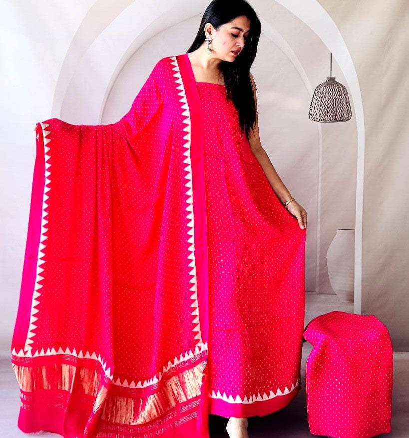 Pure Modal Silk Polka Dot Printed Salwar Suit Set with Tissue Pallu Dupatta