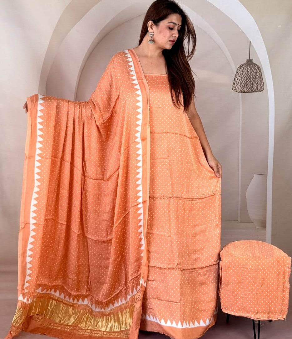 Pure Modal Silk Polka Dot Printed Salwar Suit Set with Tissue Pallu Dupatta