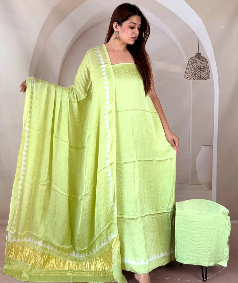 Pure Modal Silk Polka Dot Printed Salwar Suit Set with Tissue Pallu Dupatta