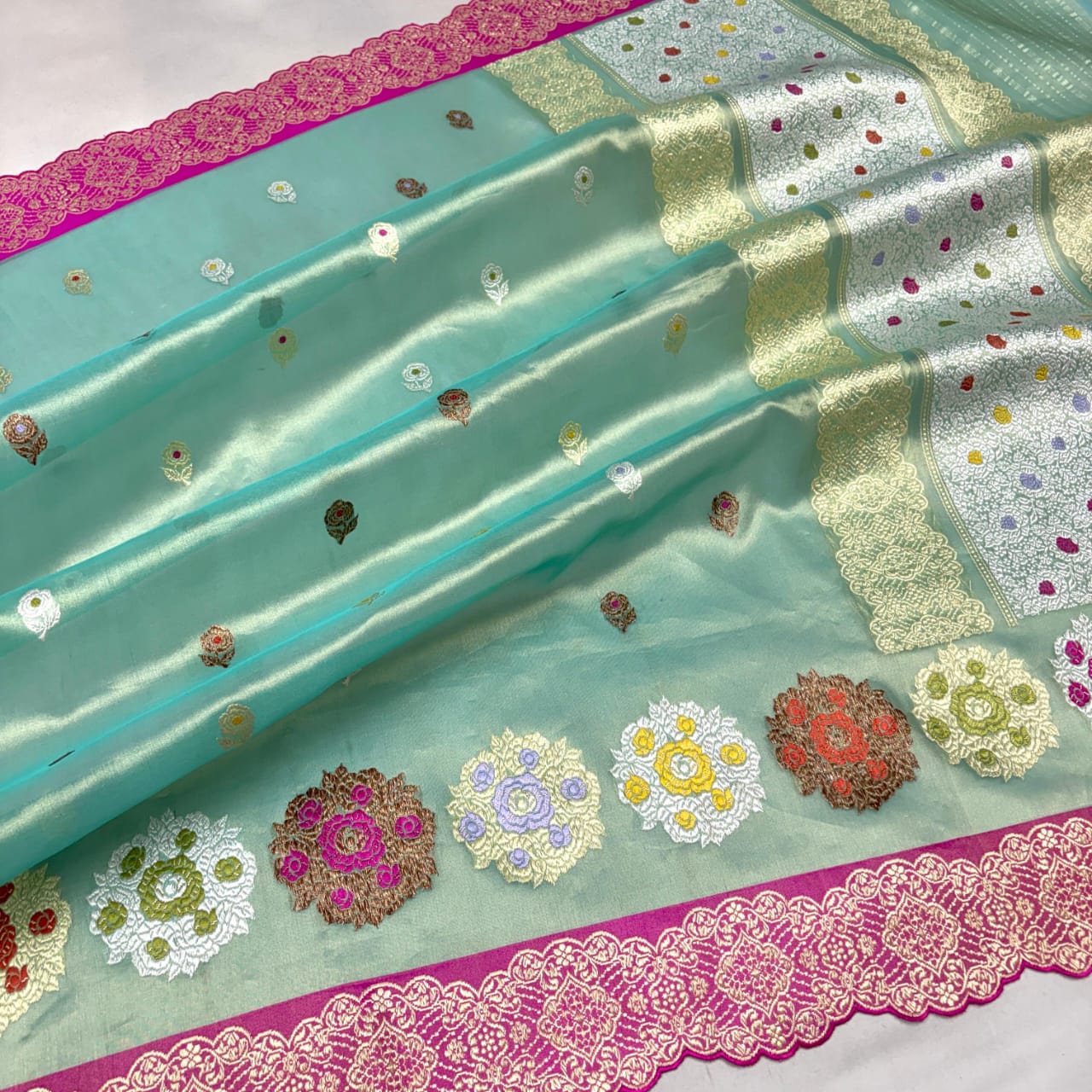 Pure Kora Tissue Banarasi Saree – Aqua with Three-Tone Zari & Scallop Cutwork