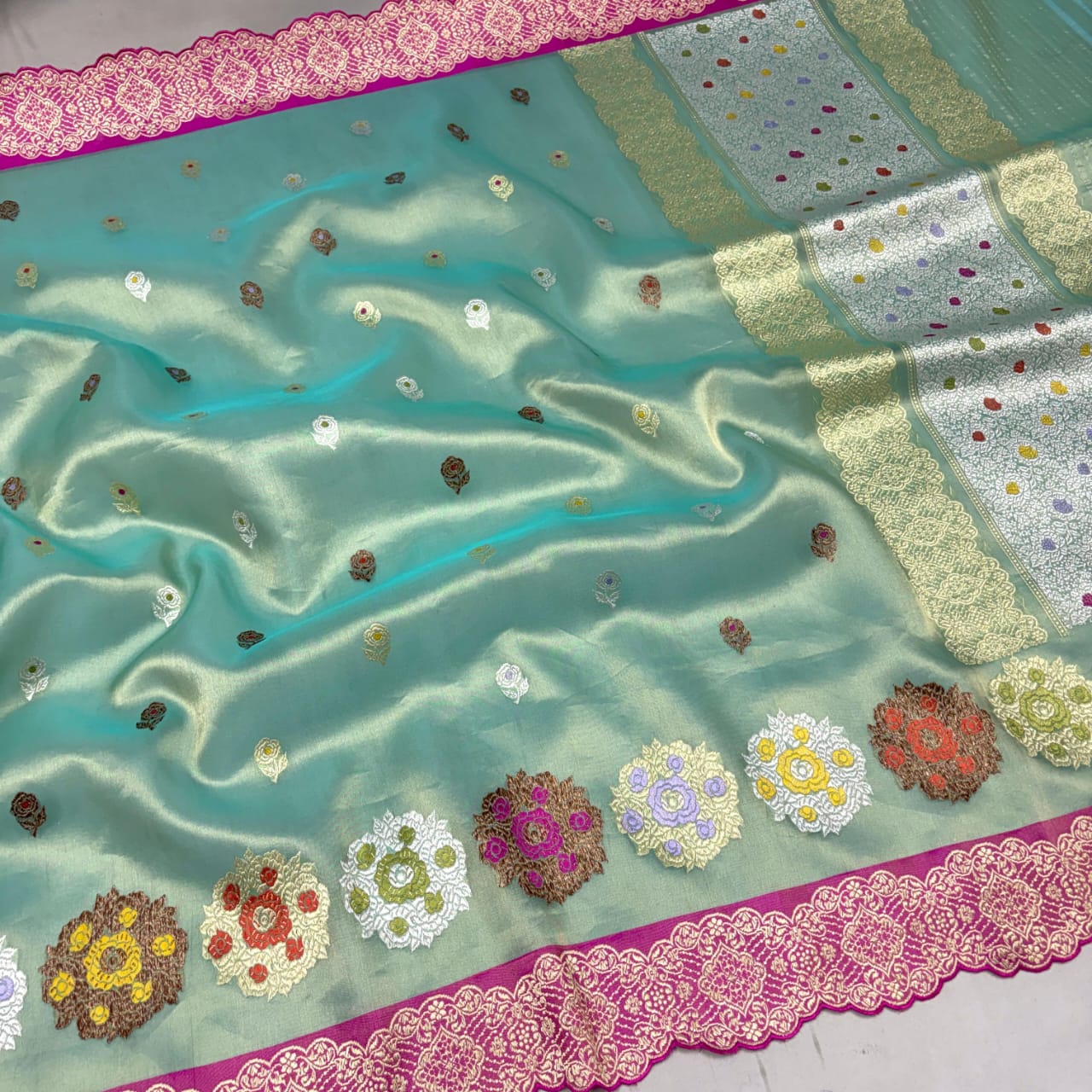 Pure Kora Tissue Banarasi Saree – Aqua with Three-Tone Zari & Scallop Cutwork