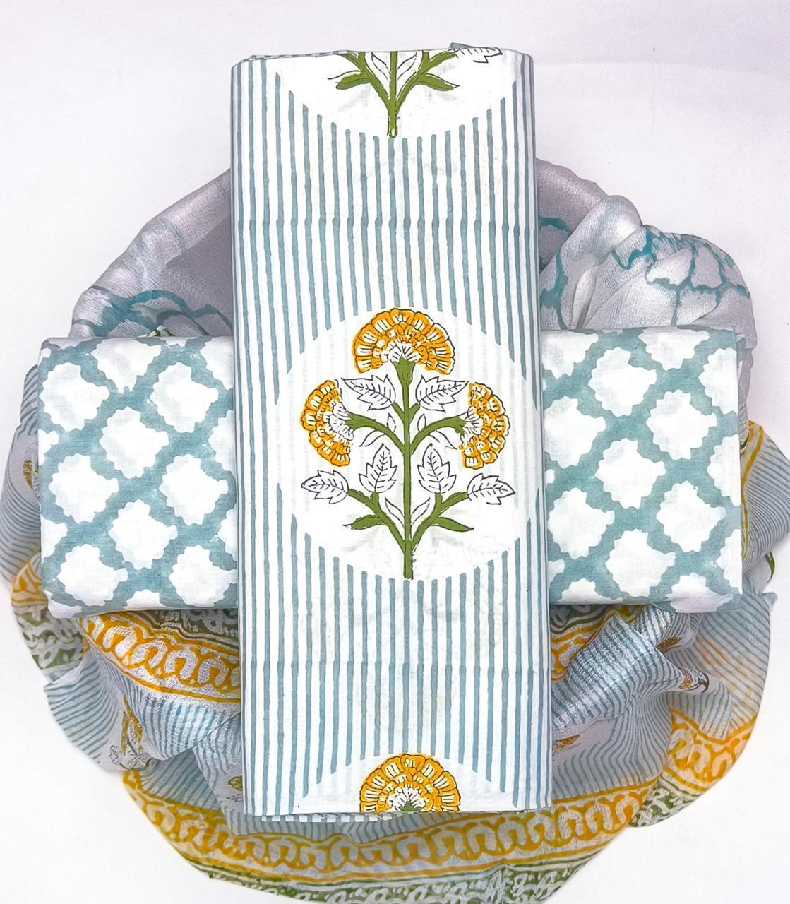 White Sanganeri Hand Block Printed Cotton Dress Material with Chiffon Dupatta