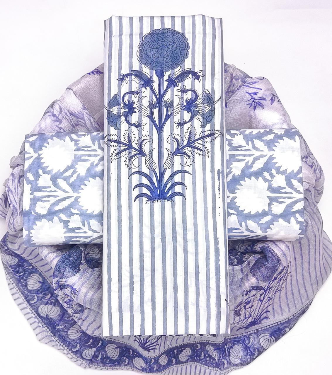 Hand Block Printed Cotton Dress Material with Chiffon Dupatta