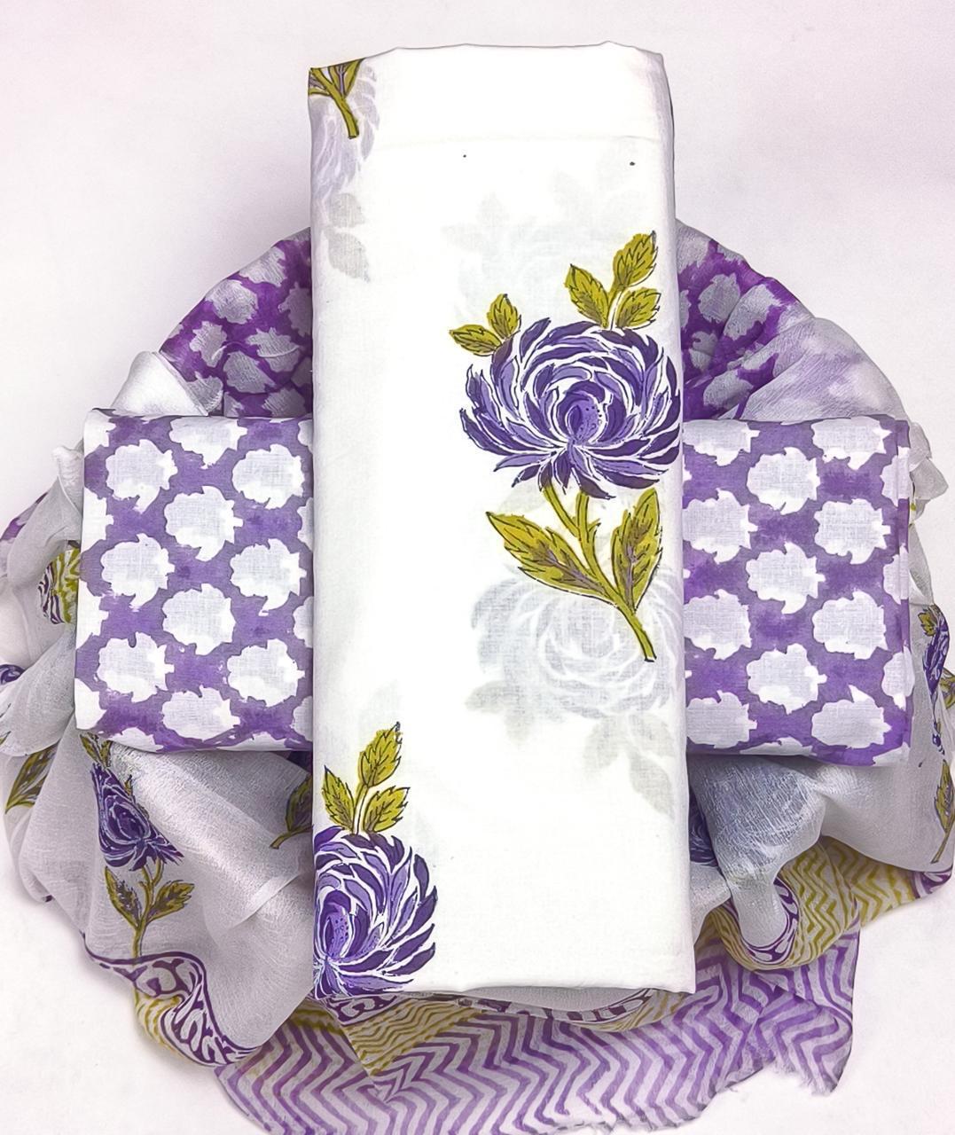 Hand Block Sanganeri Printed Cotton Dress Material with Chiffon Dupatta