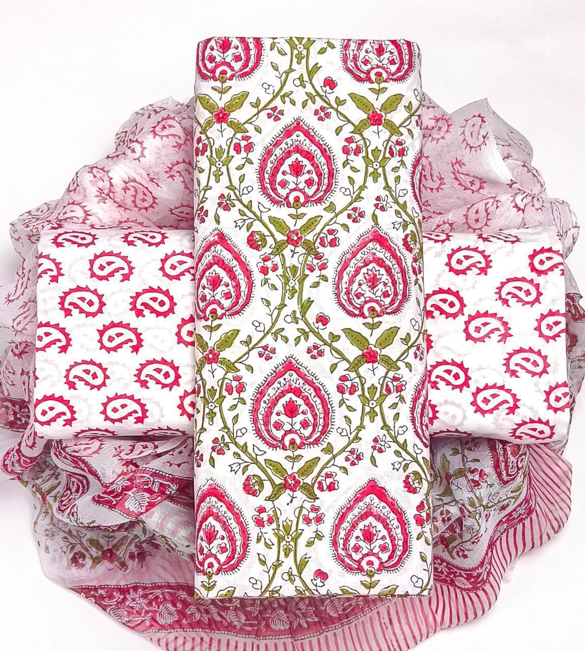 Hand Block Printed Cotton Dress Material with Chiffon Dupatta