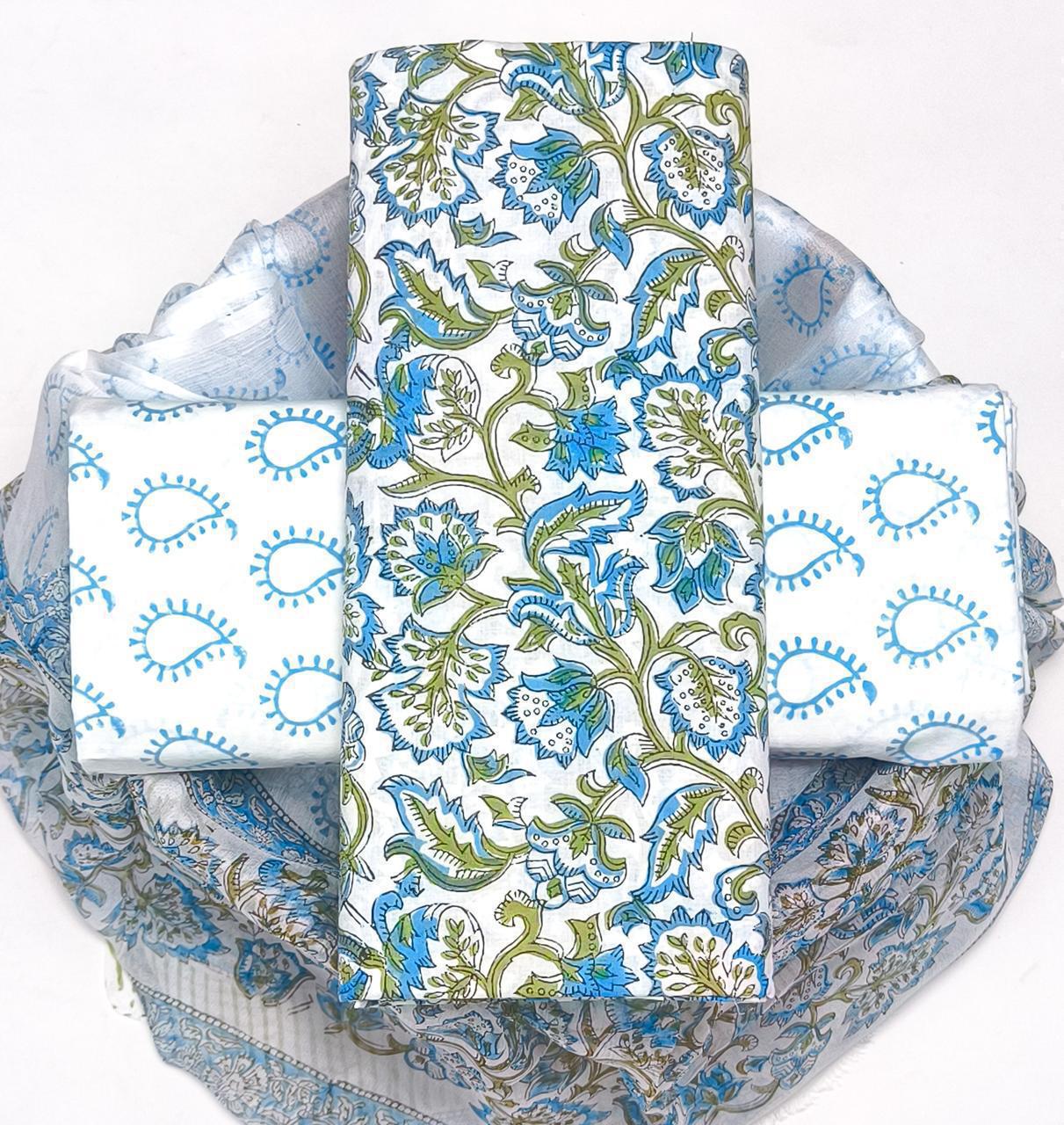 Hand Block Printed Cotton Dress Material with Chiffon Dupatta