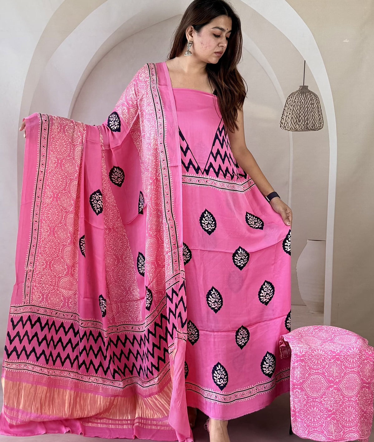 Pure Modal Silk Ajrakh Hand Block Printed Suit Set with Tissue Pallu Dupatta