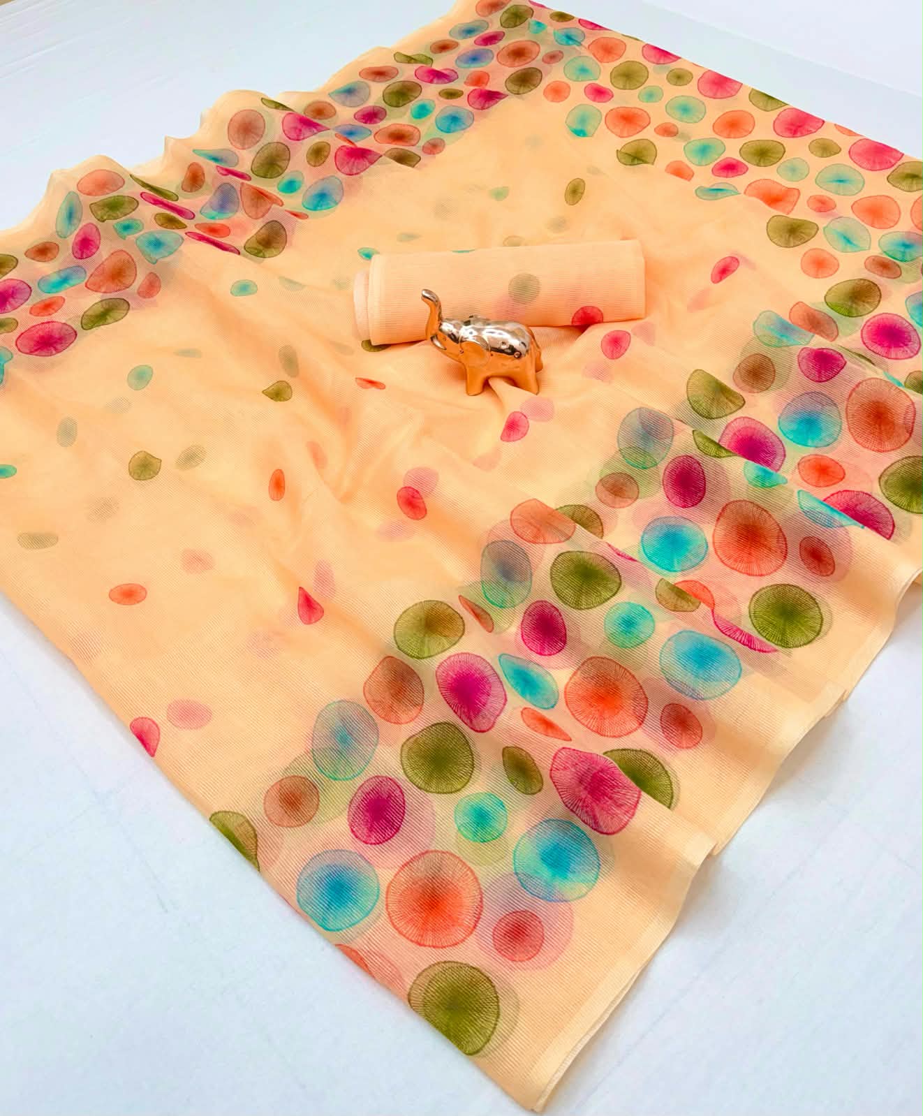 New Arrival Premium Kota Check Printed Saree – Soft Peach with Multicolour Print