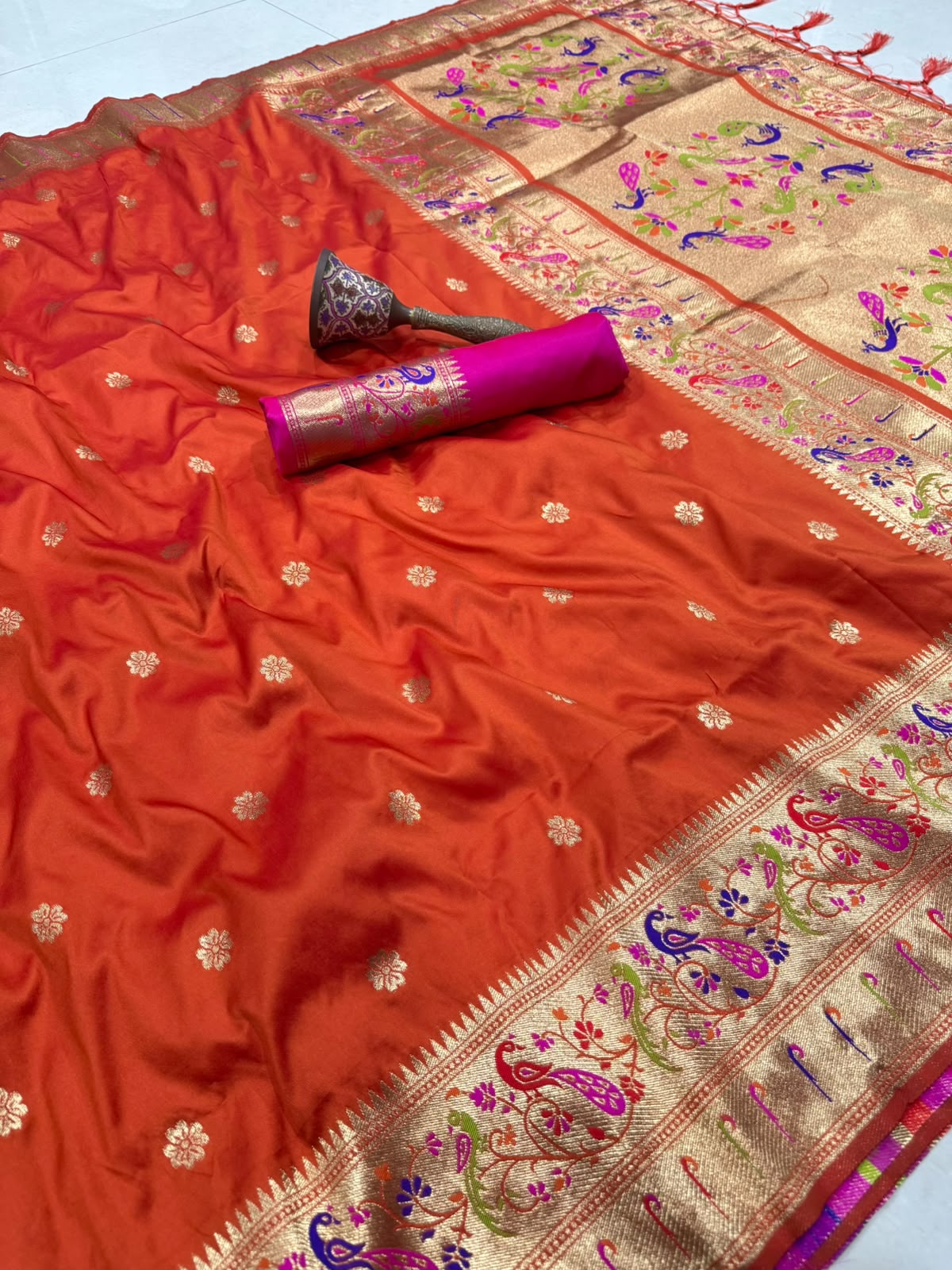 Orange Soft Silk Paithani Saree with Original Zari Weaving