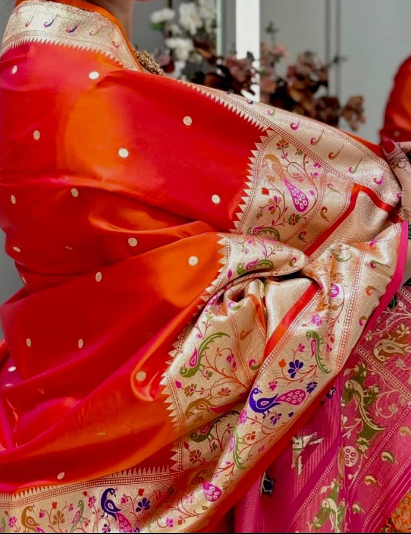 Orange Soft Silk Paithani Saree with Original Zari Weaving