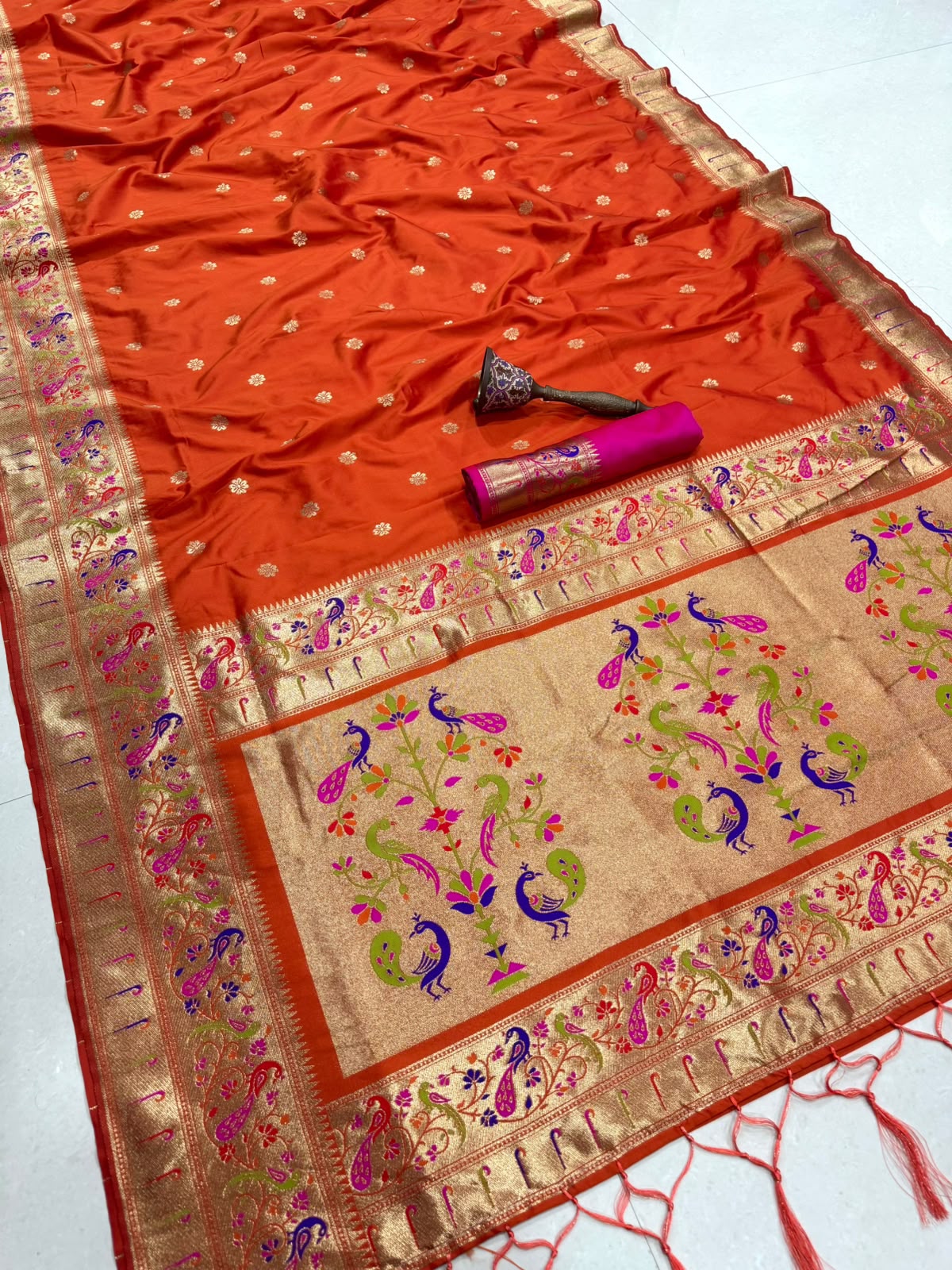 Orange Soft Silk Paithani Saree with Original Zari Weaving