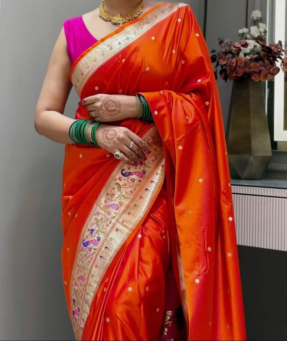 Orange Soft Silk Paithani Saree with Original Zari Weaving