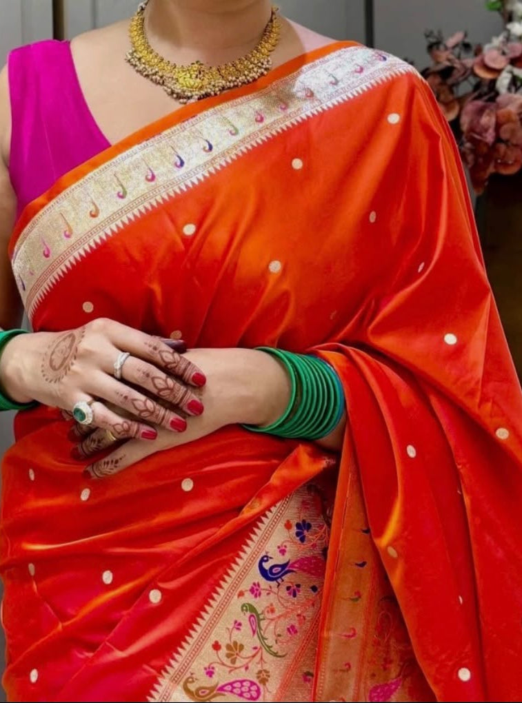 Orange Soft Silk Paithani Saree with Original Zari Weaving