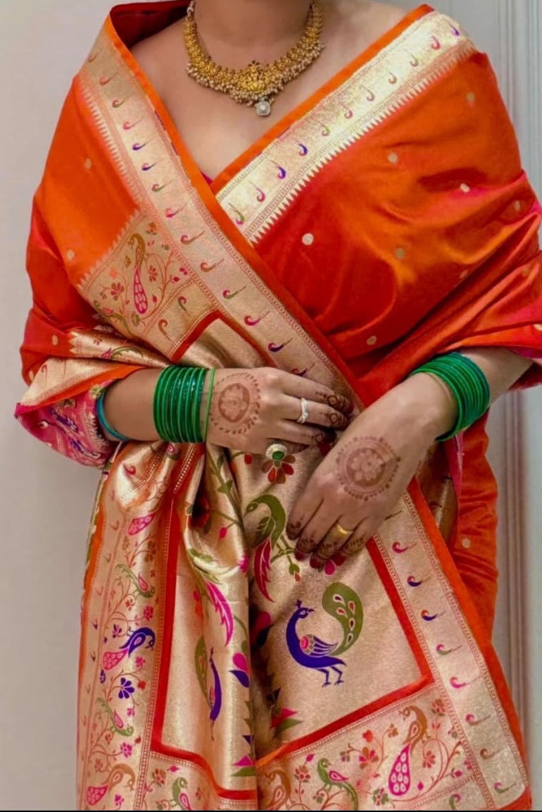Orange Soft Silk Paithani Saree with Original Zari Weaving