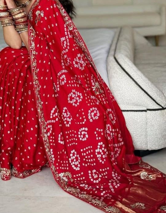 Bandhani Print Pure Modal Silk Saree with Zari Pallu