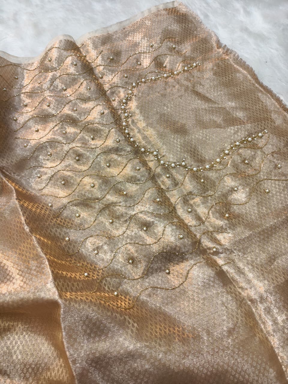 Pure Kora Tissue Banarasi Silk Saree | Golden Pearl Handwork Saree