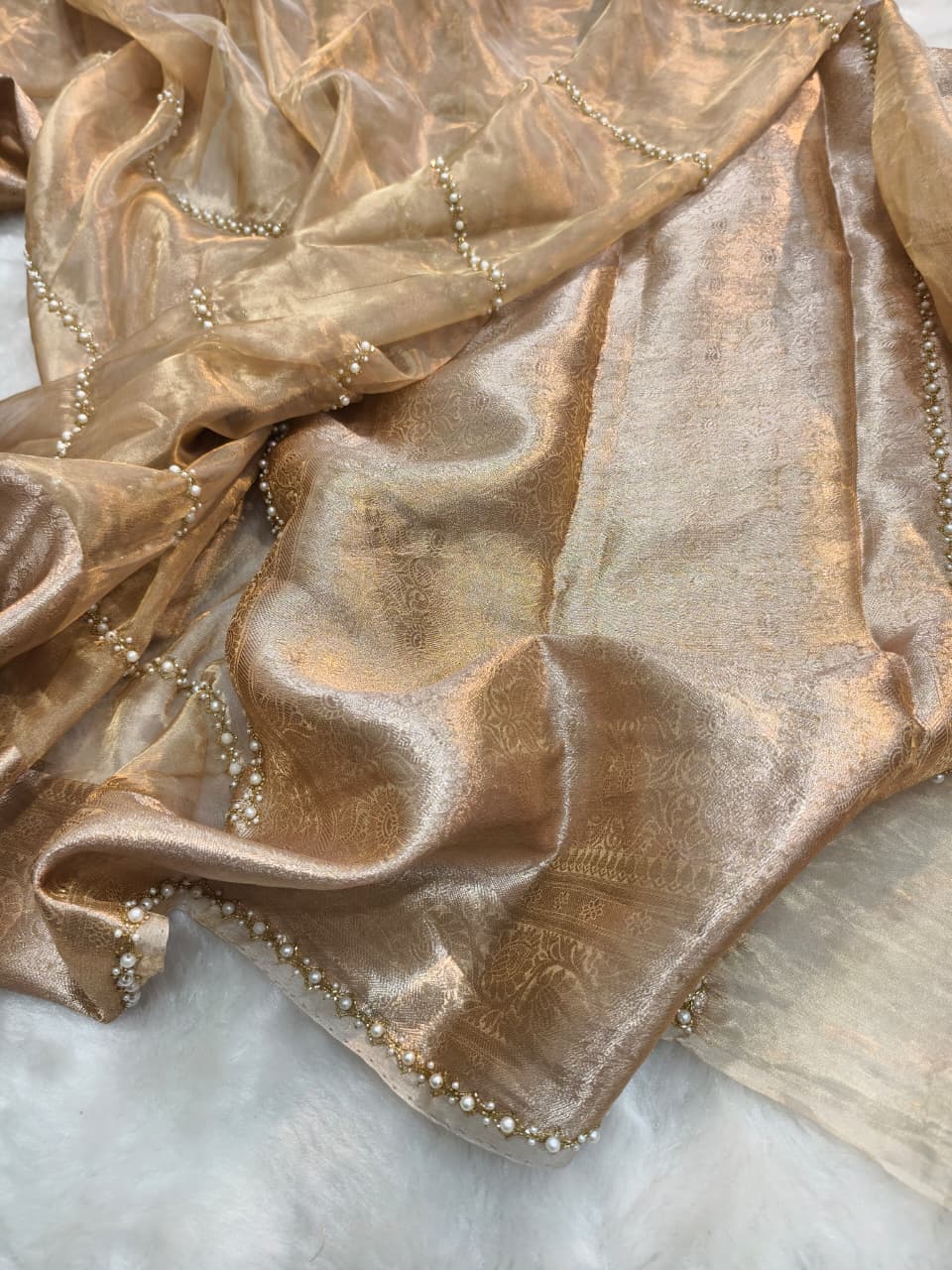 Pure Kora Tissue Banarasi Silk Saree | Golden Pearl Handwork Saree