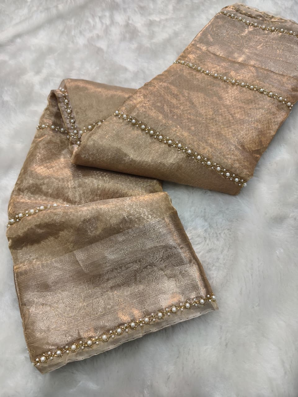 Pure Kora Tissue Banarasi Silk Saree | Golden Pearl Handwork Saree