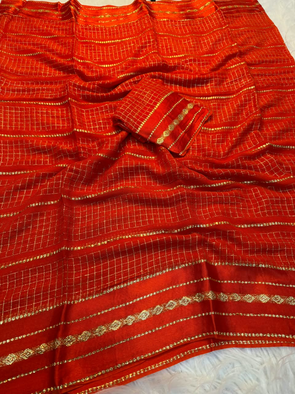 Fancy Viscose Georgette Checks Saree with Golden Satin Border | Party & Farewell Wear