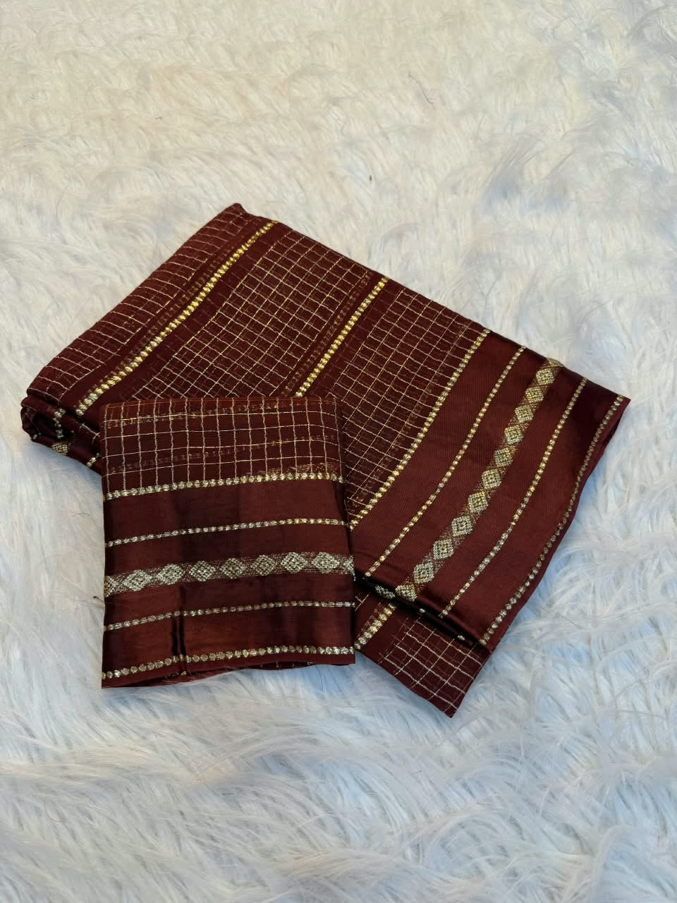 Fancy Viscose Georgette Checks Saree with Golden Satin Border | Party & Farewell Wear