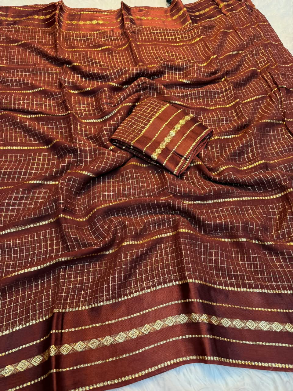 Fancy Viscose Georgette Checks Saree with Golden Satin Border | Party & Farewell Wear