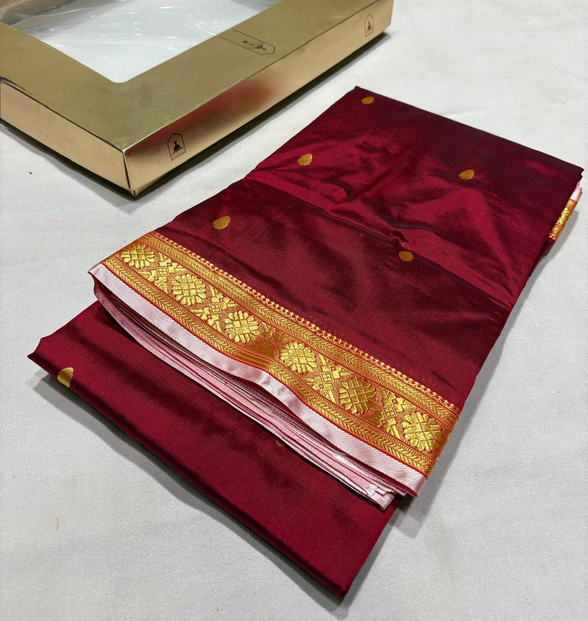Pure Silk Saree from Maharashtra | Traditional Gold Butta & Woven Border
