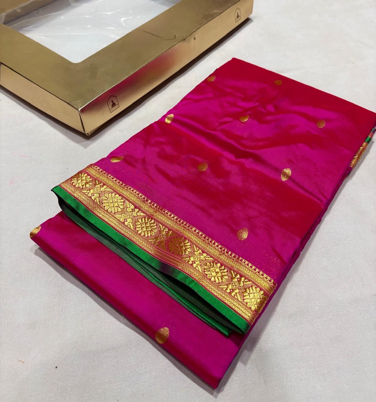 Pure Silk Saree from Maharashtra | Traditional Gold Butta & Woven Border