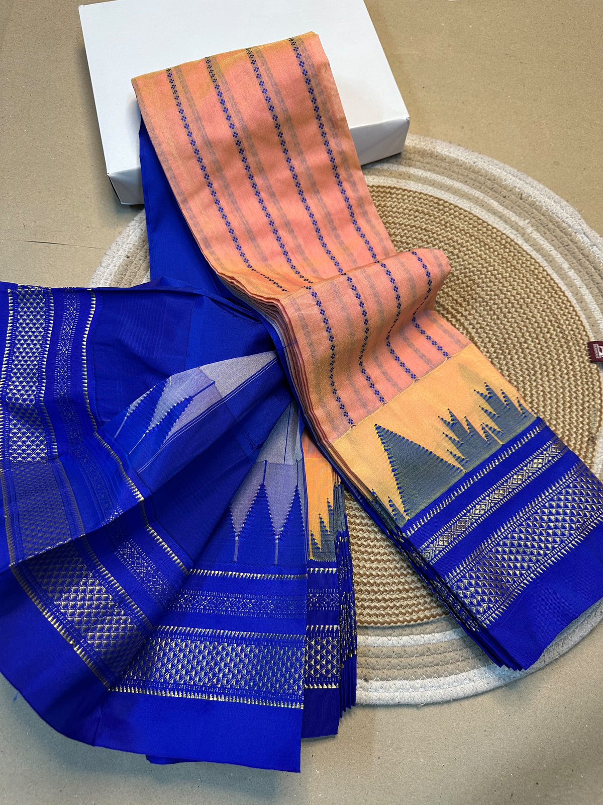 Mercerised Cotton Ilkal Saree with Temple Border, Tope Pallu & Vertical Zari