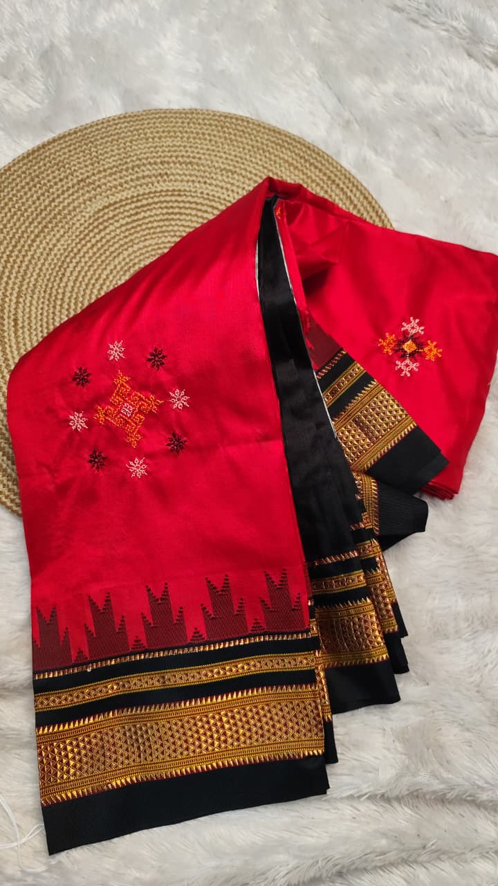 Karnataka Ilkal Pure Silk Saree with Kasuti Work, Chikki Paras Border &amp; Tope Pallu