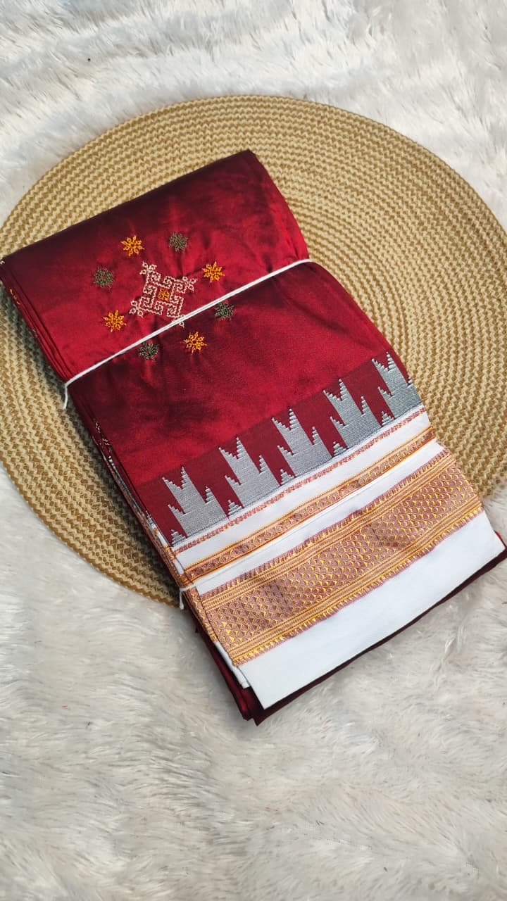 Karnataka Ilkal Pure Silk Saree with Kasuti Work, Chikki Paras Border &amp; Tope Pallu