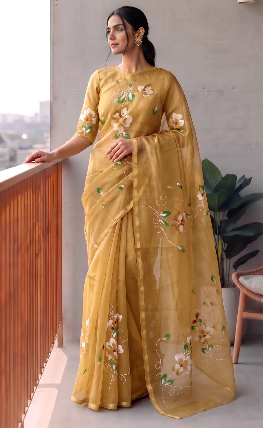 Hand-Painted Organza Saree with Floral Artwork and Gold Accents