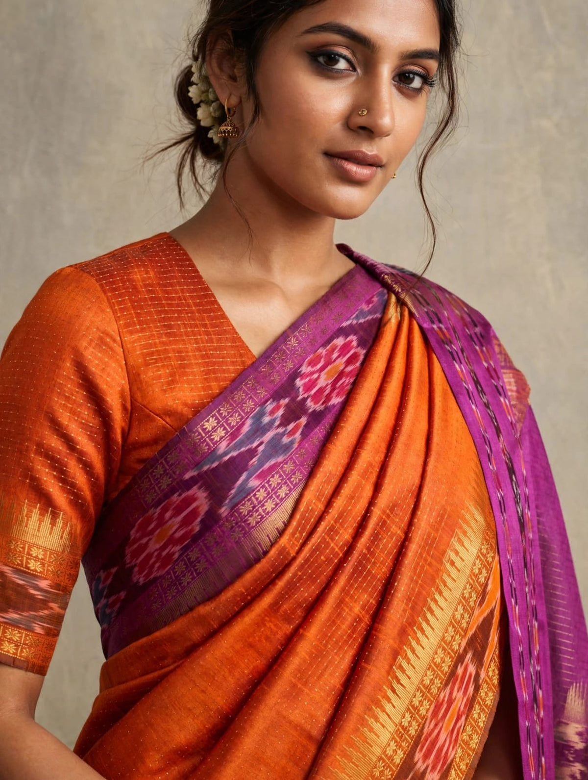 Chhattisgarh Handwoven Semi Raw Silk Saree with Khadi Zari Temple Ikat Design