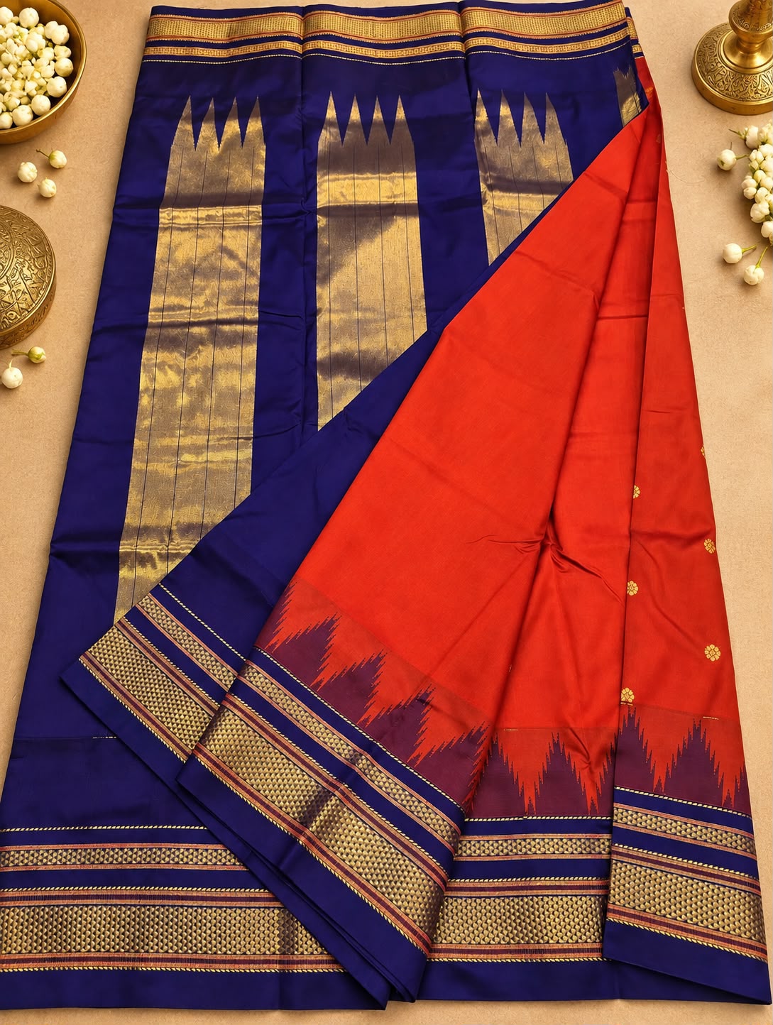 Ilkal-Style Temple Butta Semi-Silk Saree with Tope Zari Pallu