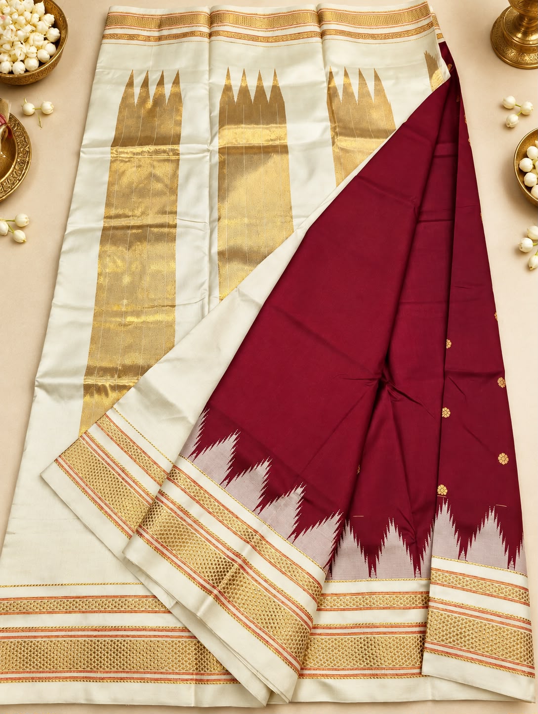 Ilkal-Style Temple Butta Semi-Silk Saree with Tope Zari Pallu