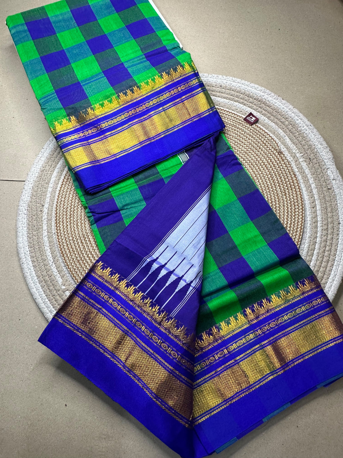 Ilkal-Style Big Checks Mercerised Cotton Saree with Chikki Paras Border & Catlon Silk Pallu