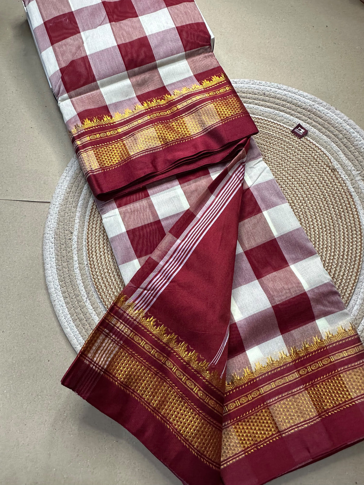 Ilkal-Style Big Checks Mercerised Cotton Saree with Chikki Paras Border & Catlon Silk Pallu