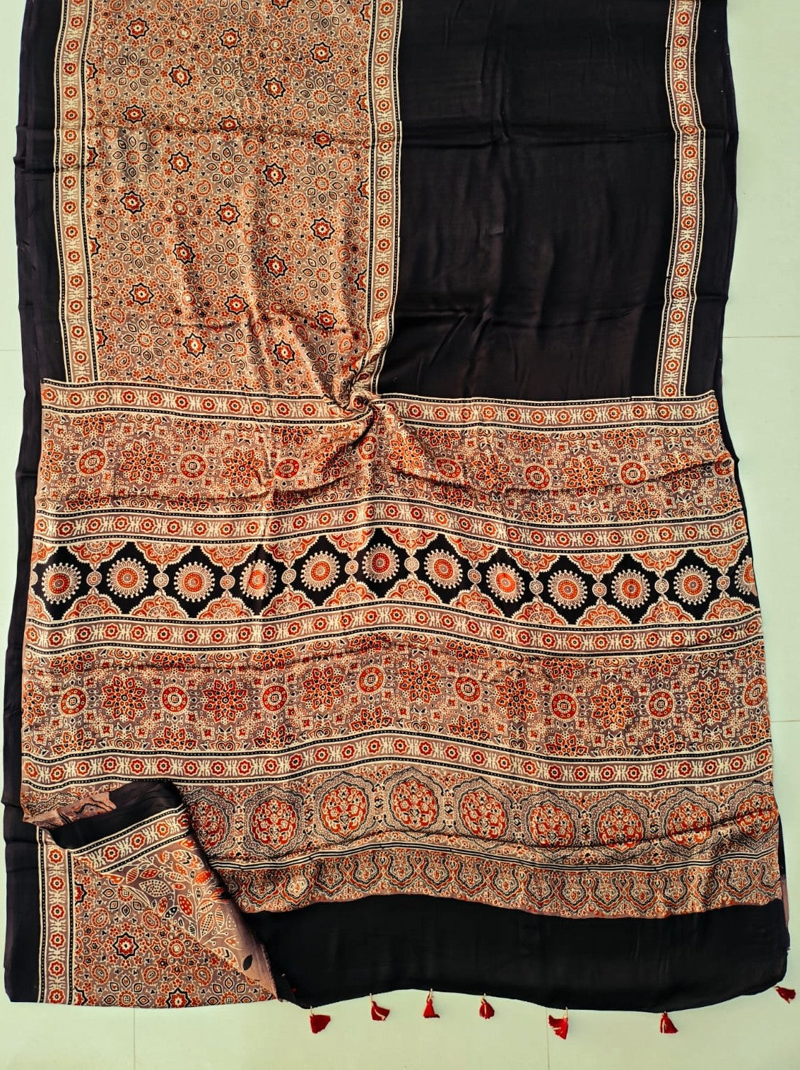 Ajrakh Hand Block Print Premium Modal Silk Saree with Matching Blouse Piece