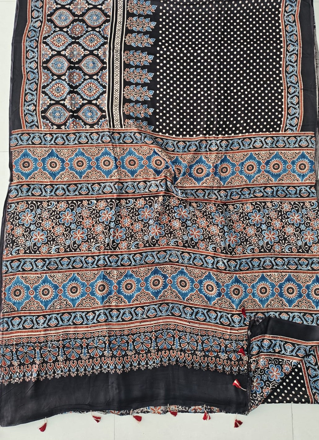 Black & Blue Ajrakh Hand Block Print Premium Modal Silk Saree with Matching Blouse Piece
