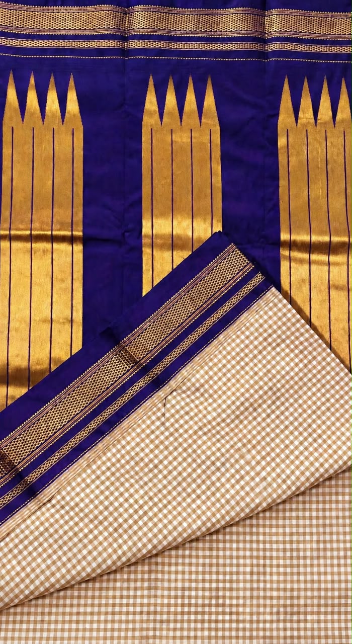Karnataka Ilkal-Style Temple Border Small Checks Saree with Tope Zari Pallu