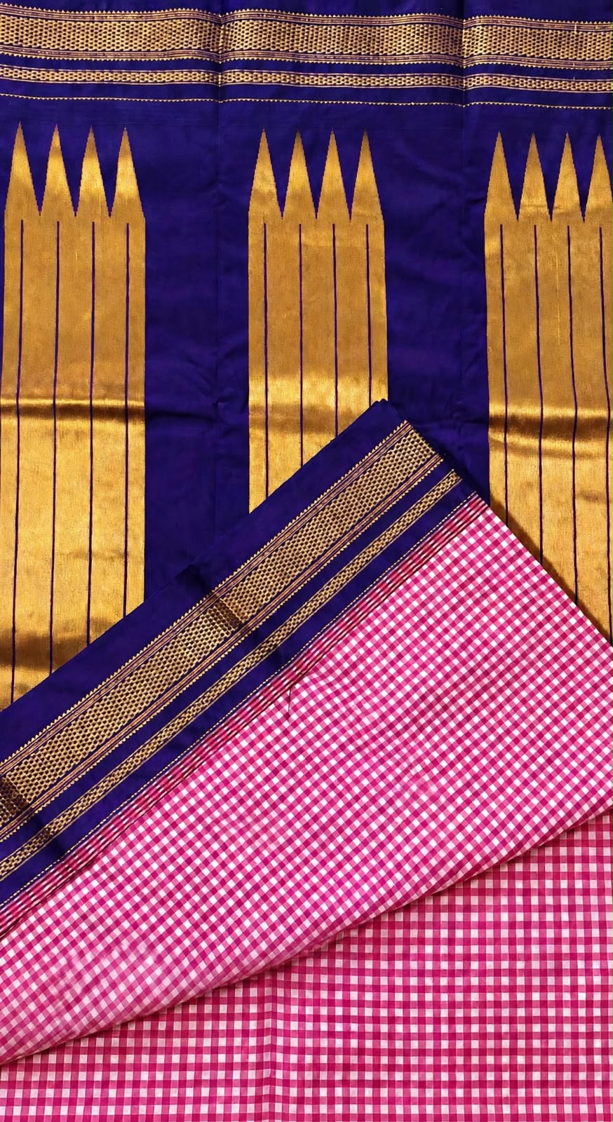 Karnataka Ilkal-Style Temple Border Small Checks Saree with Tope Zari Pallu