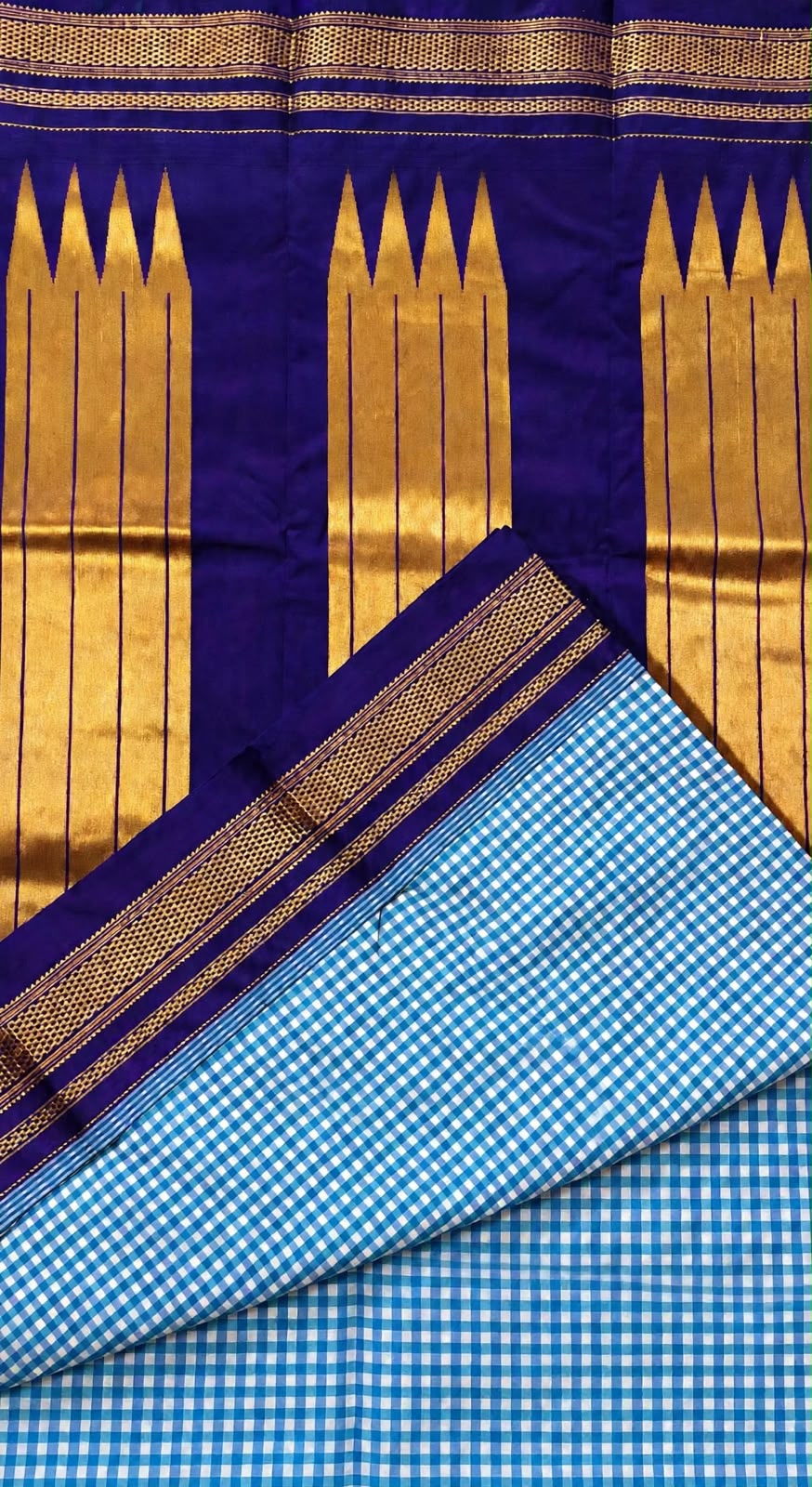Karnataka Ilkal-Style Temple Border Small Checks Saree with Tope Zari Pallu