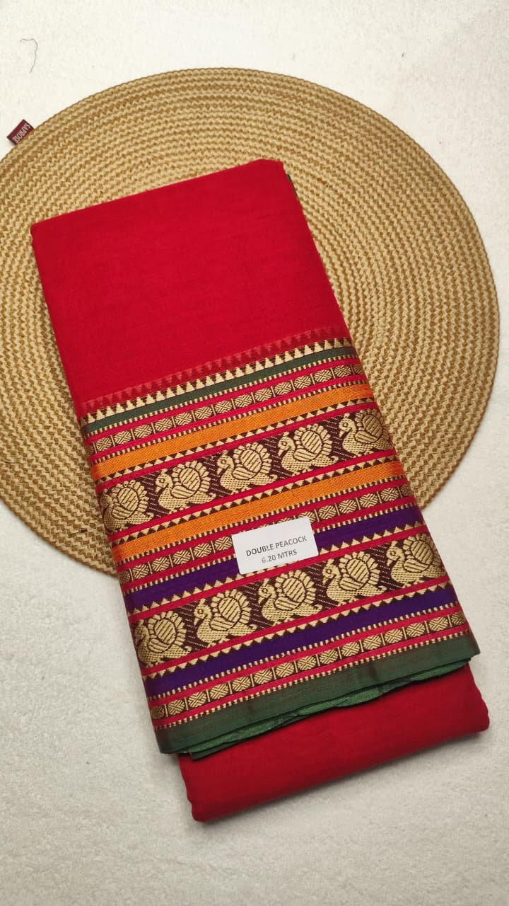 Premium Narayanpet-Style Mercerised Cotton Saree with Elephant and Peacock Border
