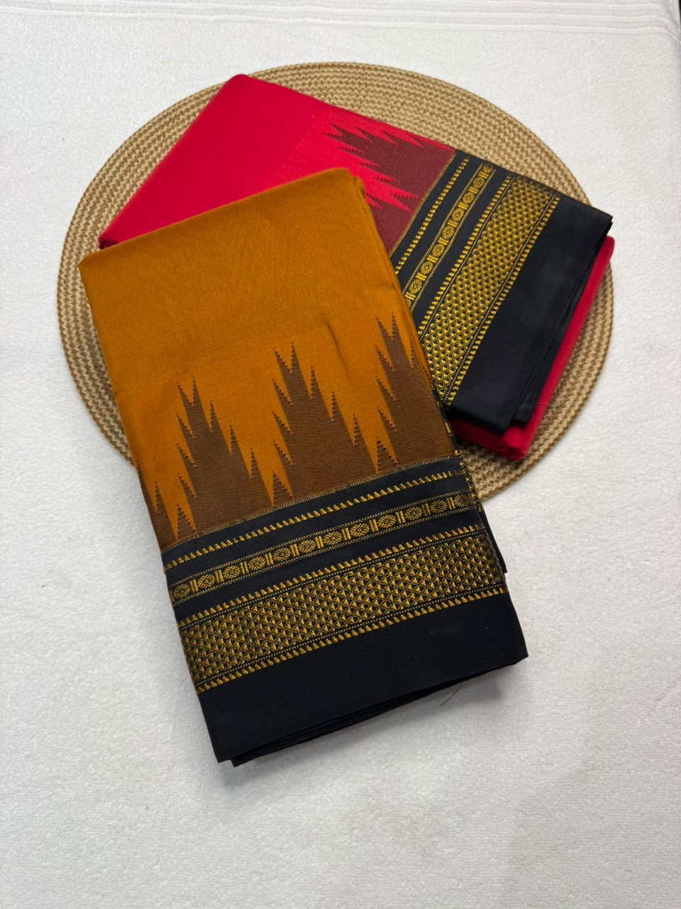 Mercerised Cotton Ilkal Saree with Temple Border, Tope Pallu & Chikki Paras | Contrast Blouse Piece