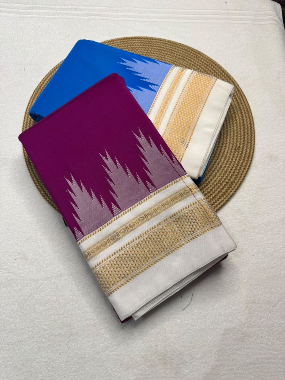 Mercerised Cotton Ilkal Saree with Temple Border, Tope Pallu & Chikki Paras | Contrast Blouse Piece