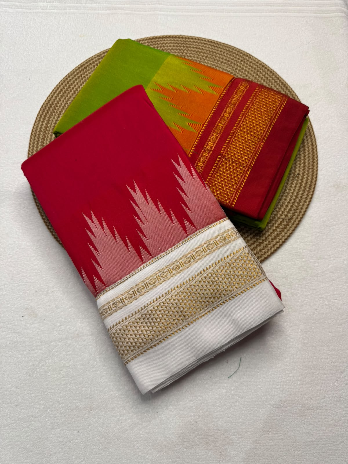 Mercerised Cotton Ilkal Saree with Temple Border, Tope Pallu & Chikki Paras | Contrast Blouse Piece